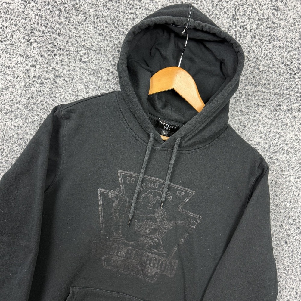 True Religion Hoodie Mens Large Black World Tour Pullover Fleece Sweatshirt L